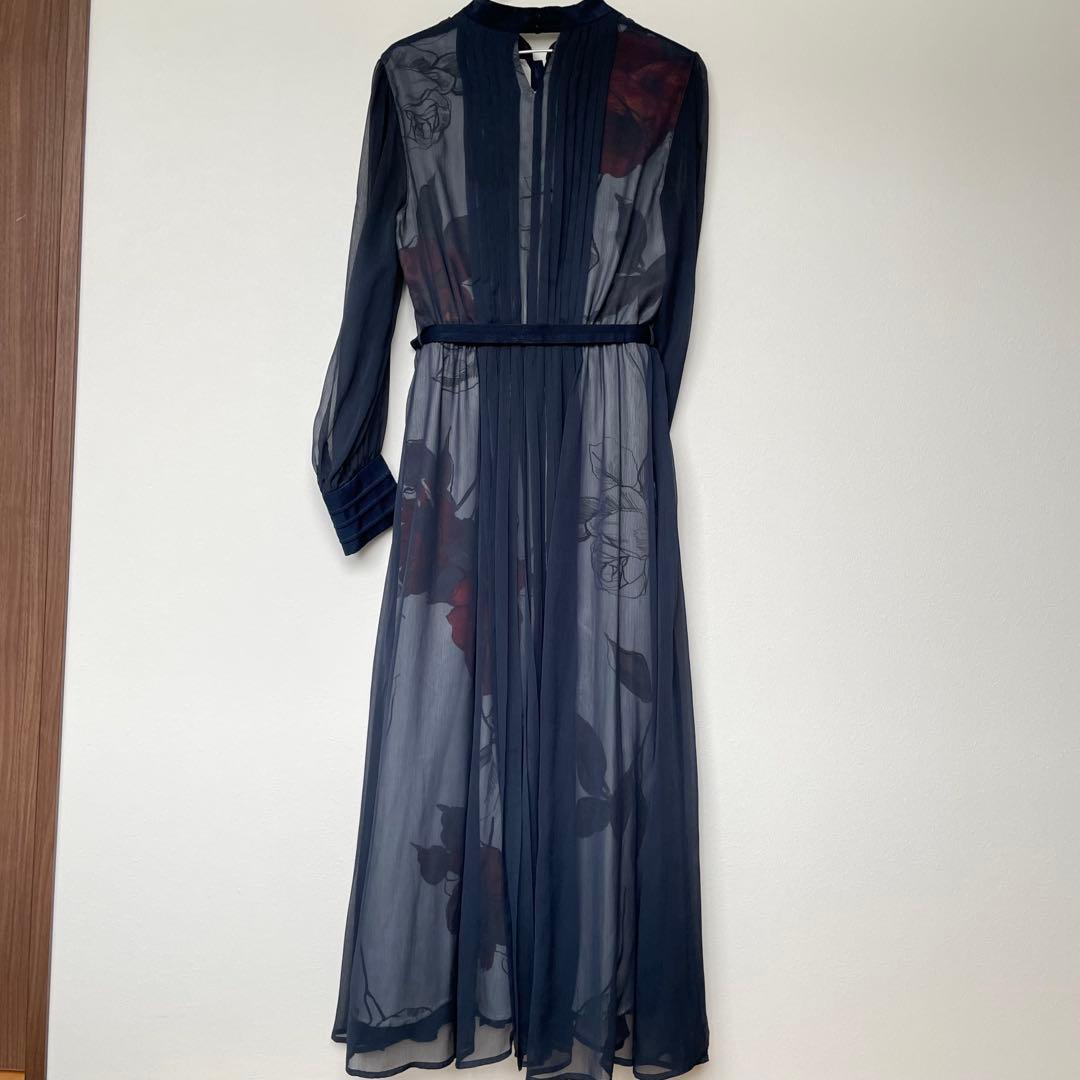 Ameri VINTAGE ELLA VEIL DRESSネイビーM 花柄ロング