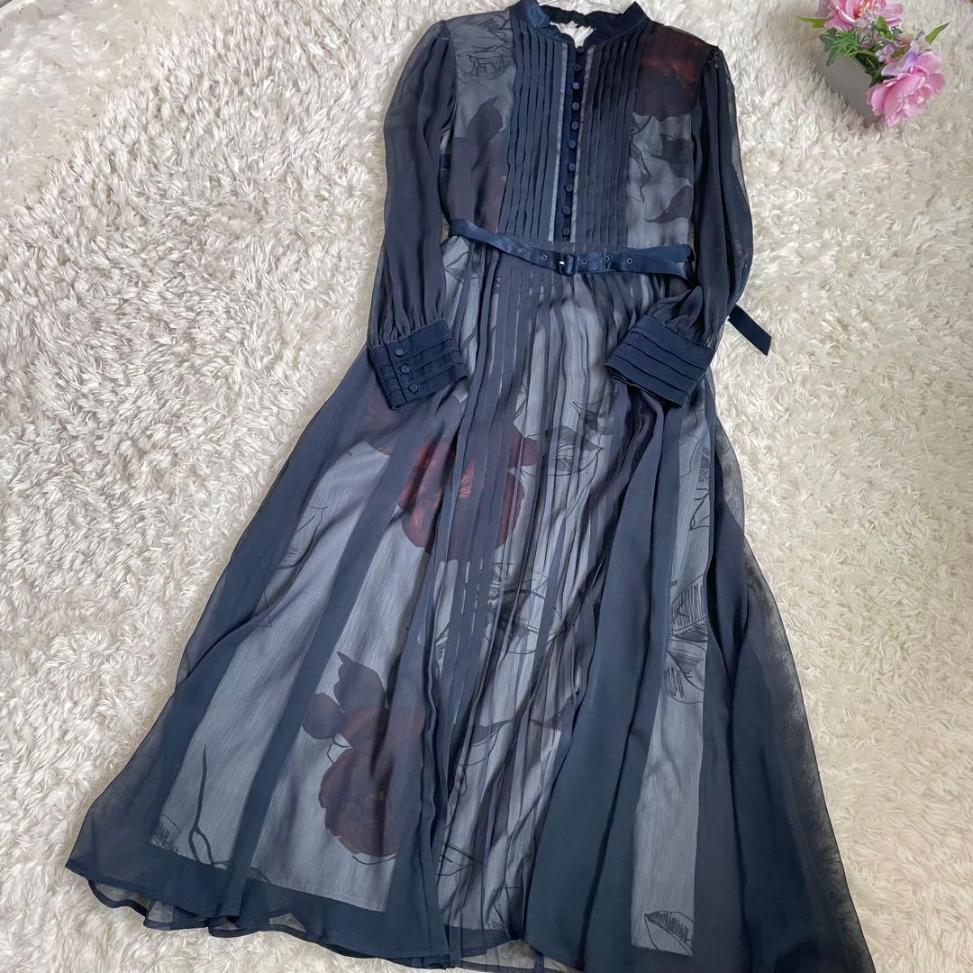 Ameri VINTAGE ELLA VEIL DRESSネイビーM 花柄ロング