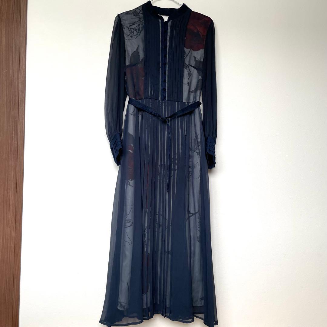 Ameri VINTAGE ELLA VEIL DRESSネイビーM 花柄ロング