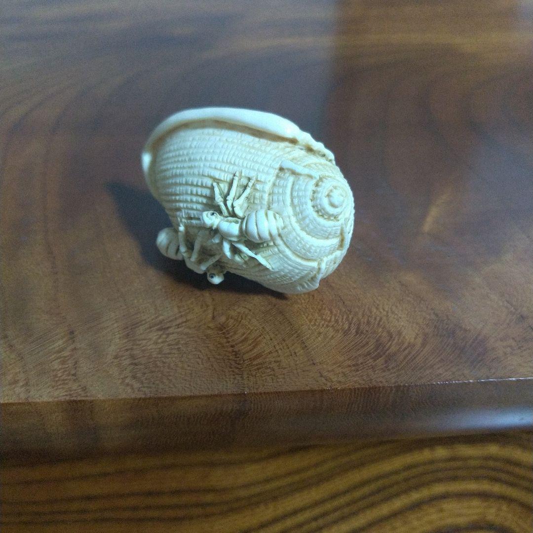 マンモス牙彫　根付　帯留　貝殻に蟻