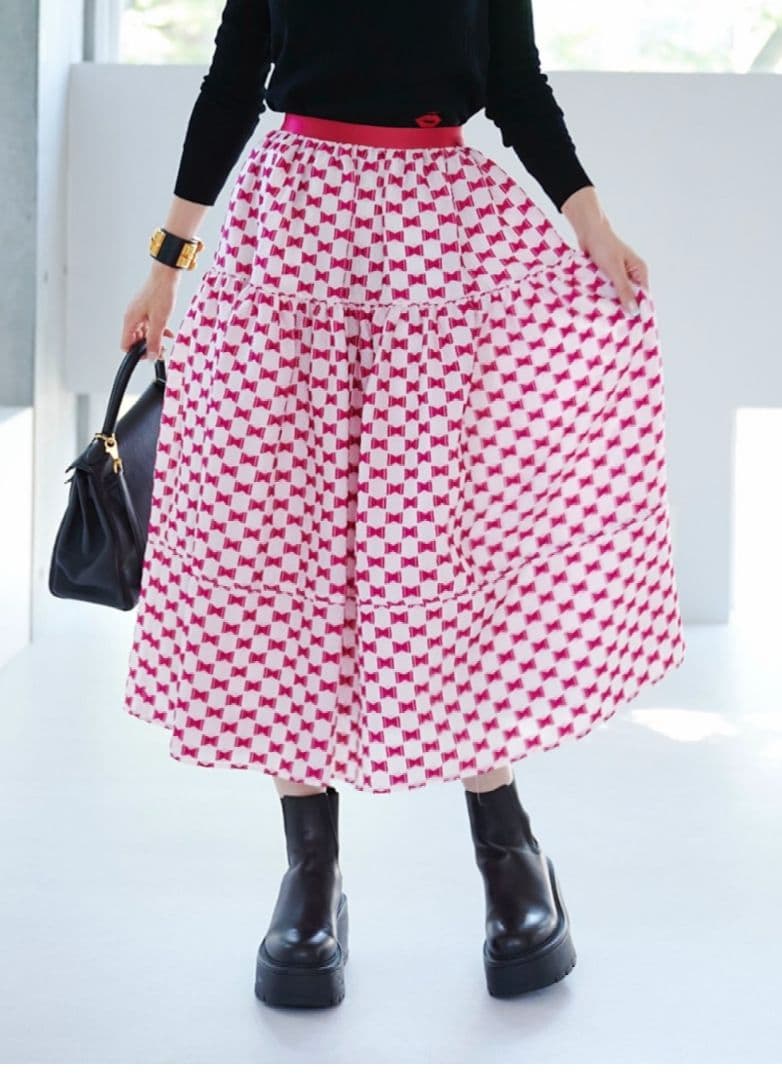 新品　OBLI リボンジャガードスカート/ピンク