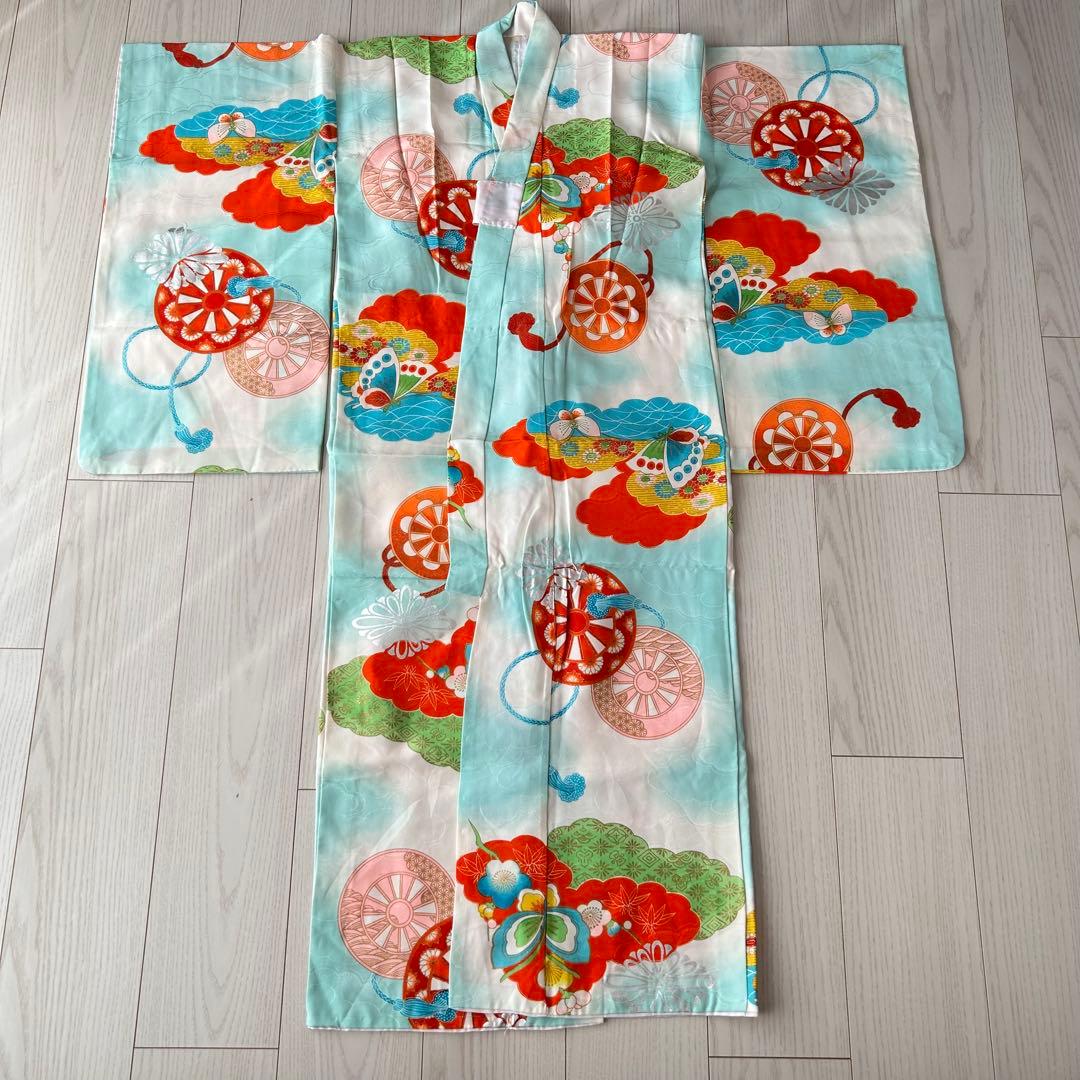 子供　セミアンティーク着物　七五三　水色　蝶々　7歳