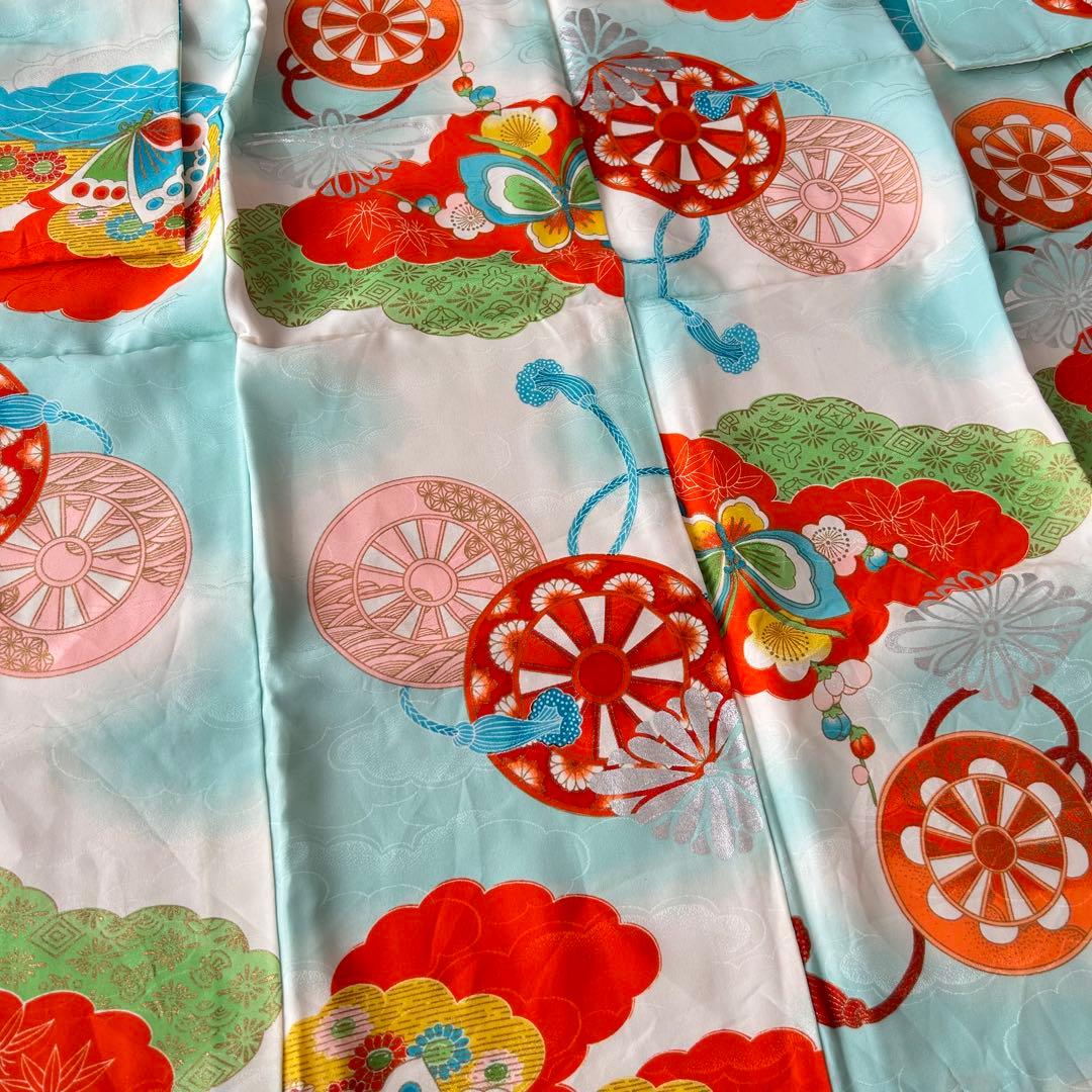 子供　セミアンティーク着物　七五三　水色　蝶々　7歳