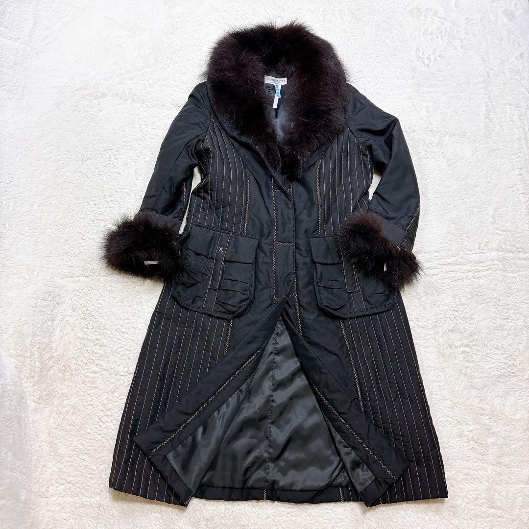 シルク100%✨フォックスリアルファーキルティングロングコート女優襟黒3way