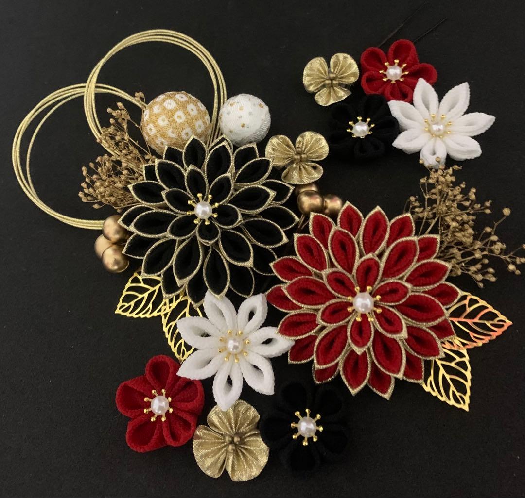 おひな　　つまみ細工　髪飾り　黒　赤　ゴールド