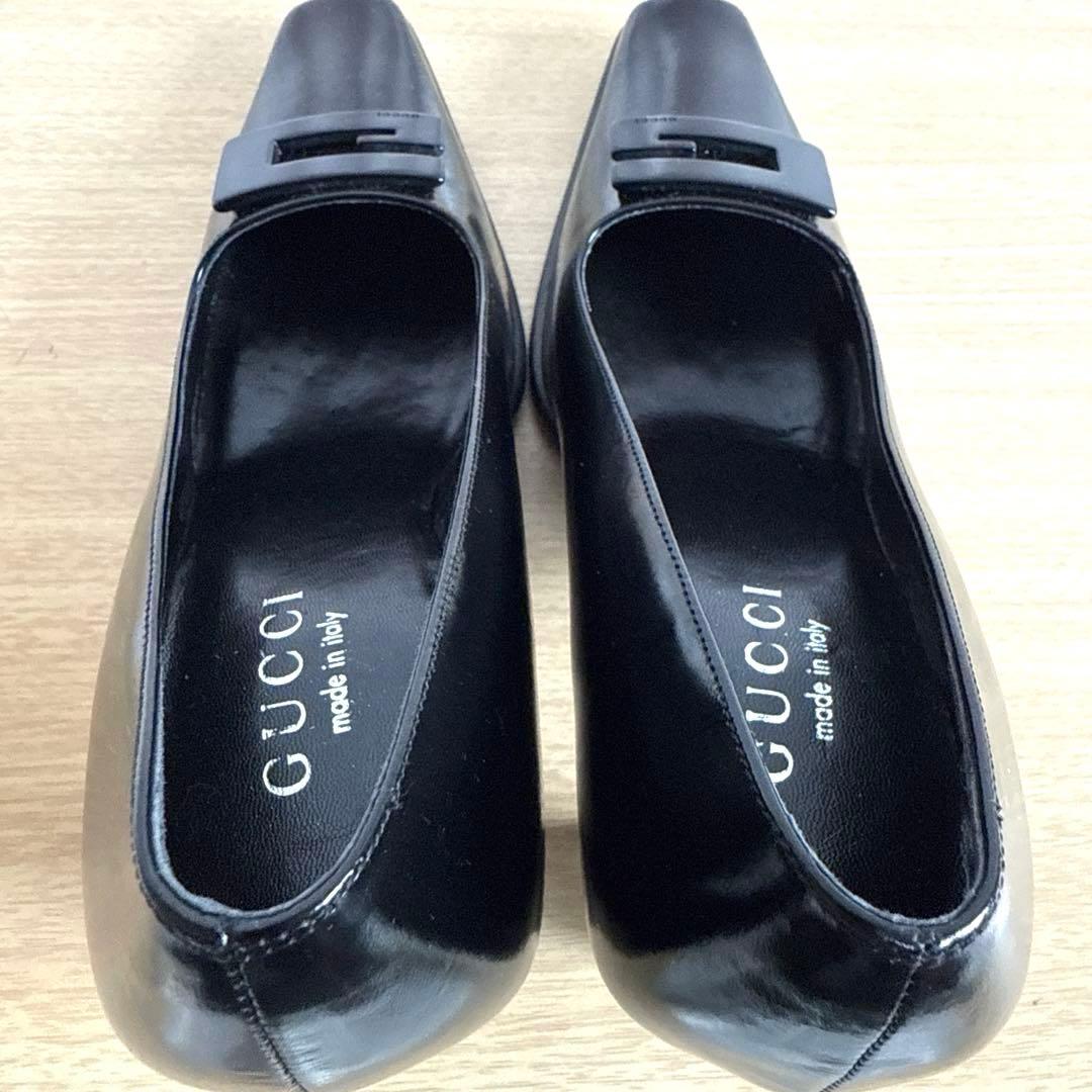 【美品】GUCCI グッチ　パンプス　Gロゴ　エナメル　スクエア　ブラック