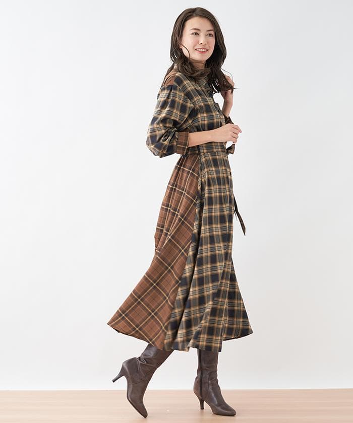 レリアン　チェック　ロングシャツ　ワンピース
