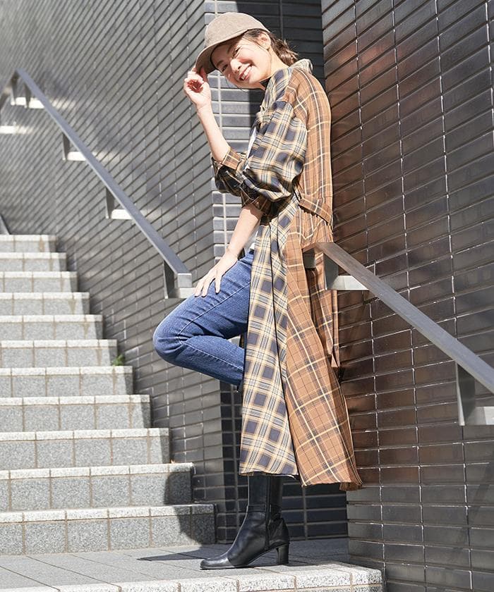 レリアン　チェック　ロングシャツ　ワンピース