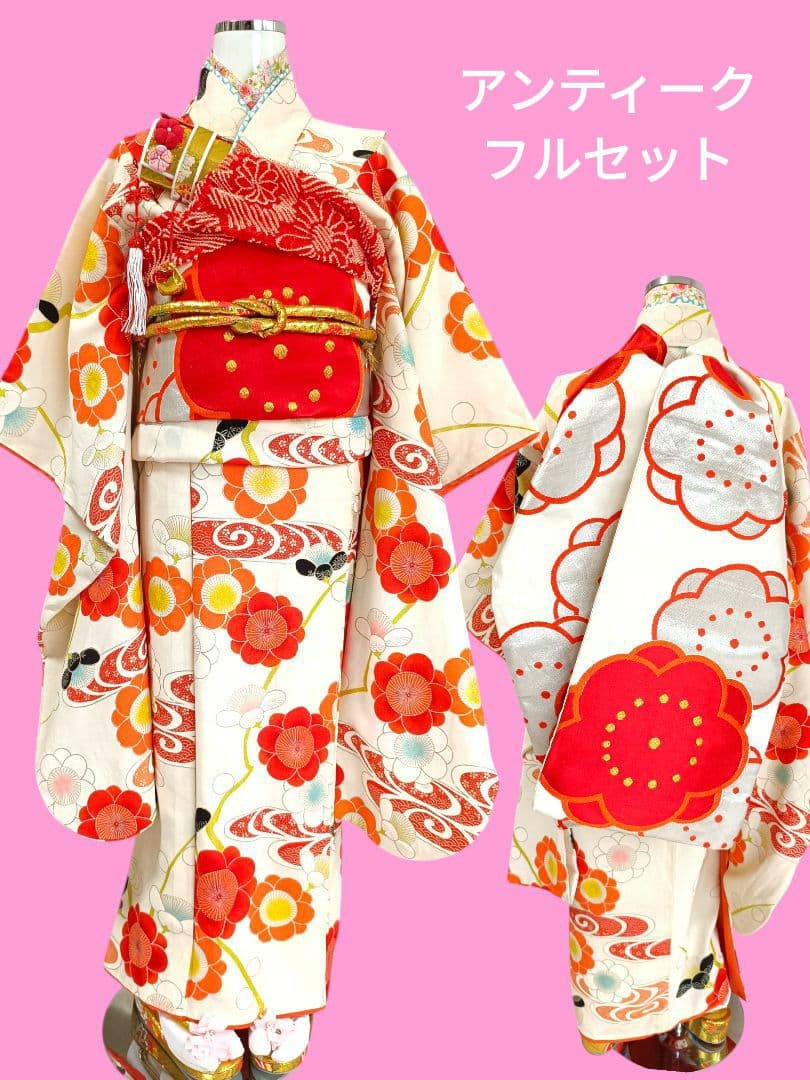 アンティーククリーム色に梅の花の着物と作り帯☆七五三フルセット