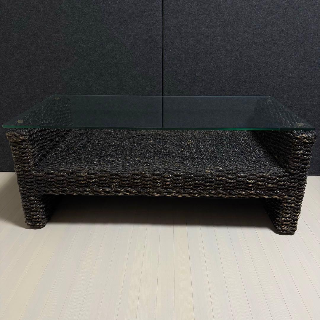 アジアンテーブル　ガラステーブル　籘　ラタン　ローテーブル　リゾート　テーブル