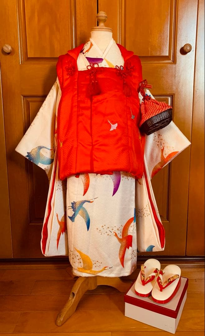 七五三　鶴舞う三歳のお着物コーディネート　お被布セット　結婚式にも