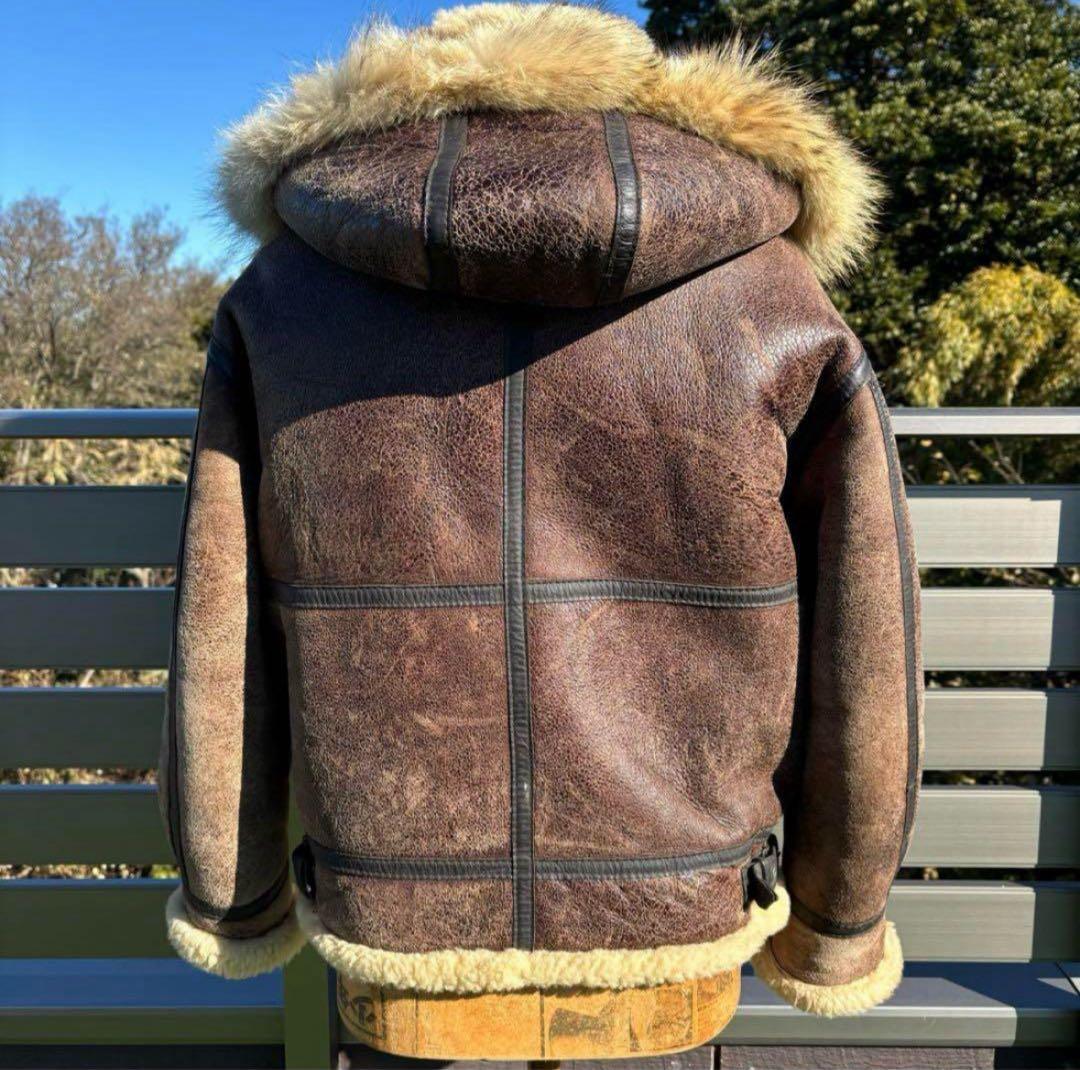 M 希少 フード付 茶 B-3 ムートン レザー フライト ジャケット 革ジャン