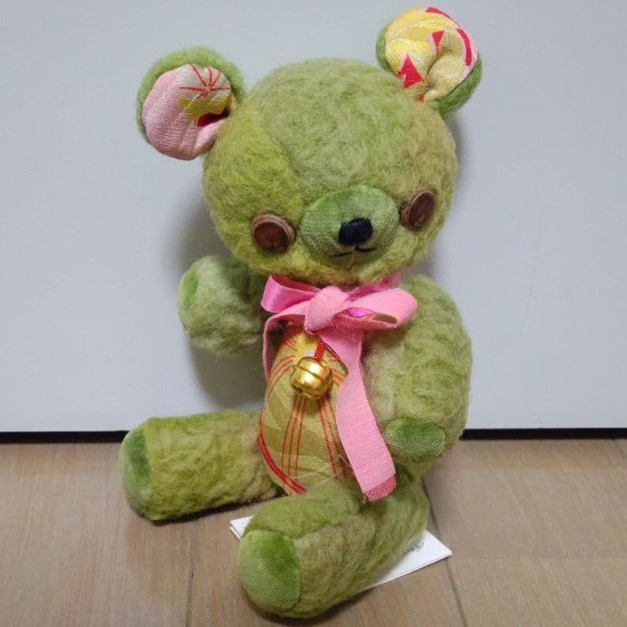 美品）古布テディベア　萌葱色　ピスタチオ