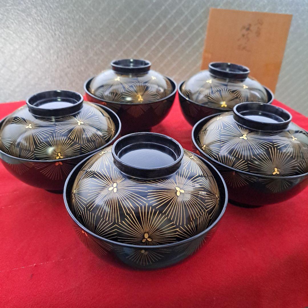 【輪島塗　御吸物椀×5客】布着本堅地　亀甲松\