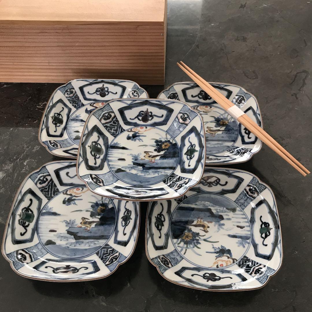 山本長佐　染色桃花花鳥文皿揃