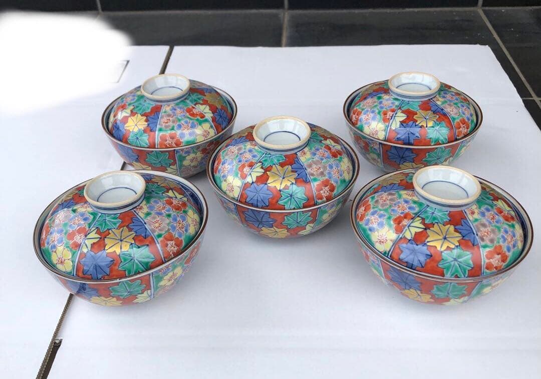 21. 京焼　雲泉造（2代目）彩色雲錦　蓋向付5客揃