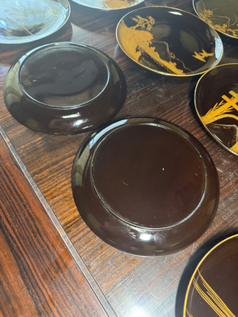 漆塗り絵皿 富士山風景入り 19枚セット（推定 江戸時代初期）