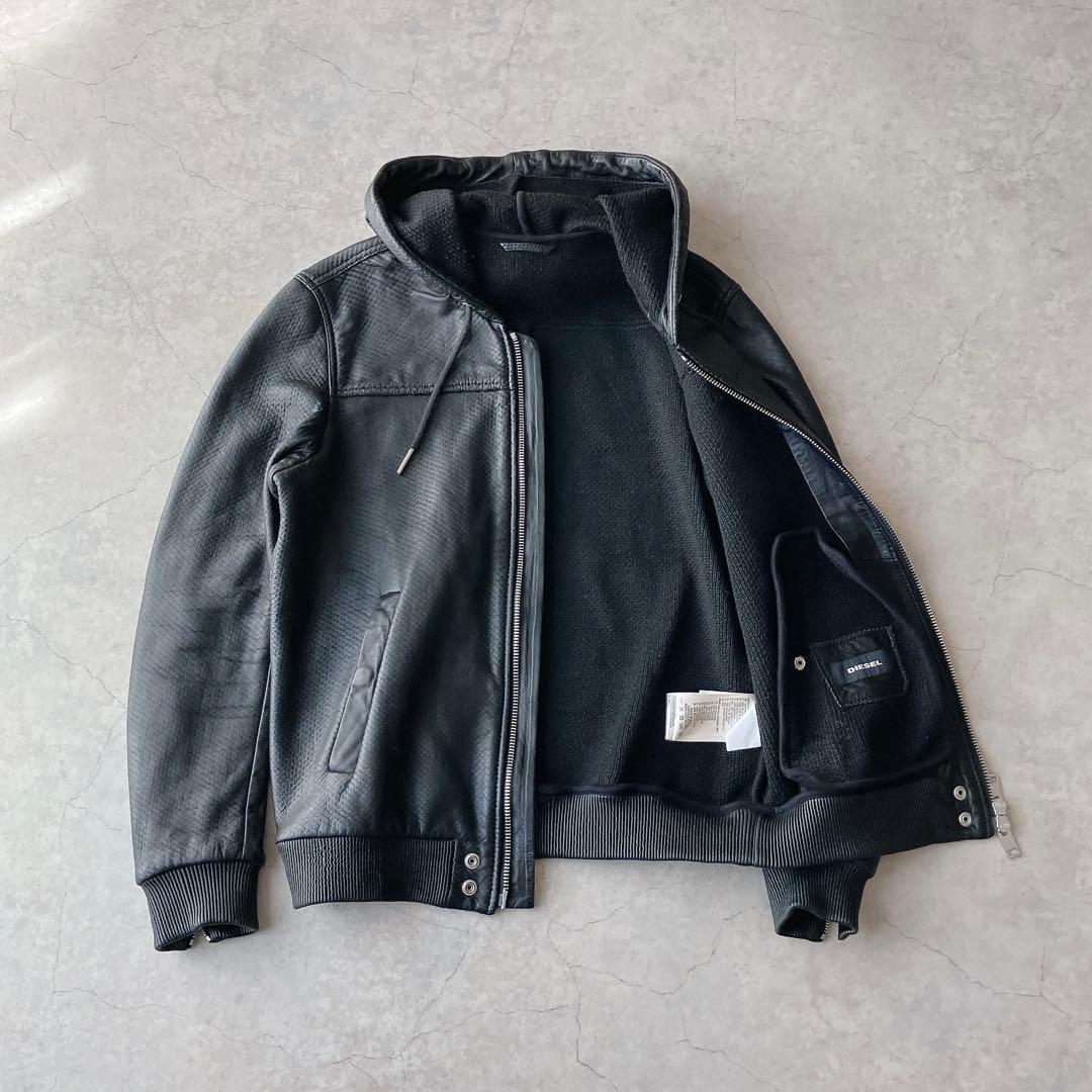 DIESEL シープスキン 羊革 ブラックレザージャケット パーカー フード付き