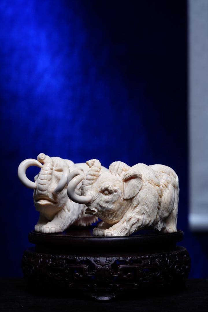 天然マンモス牙美しい手作り彫刻吉象対称置物