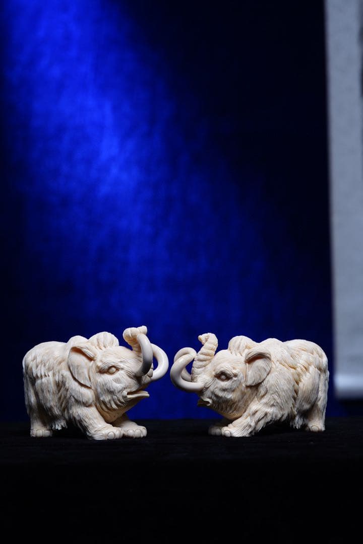 天然マンモス牙美しい手作り彫刻吉象対称置物