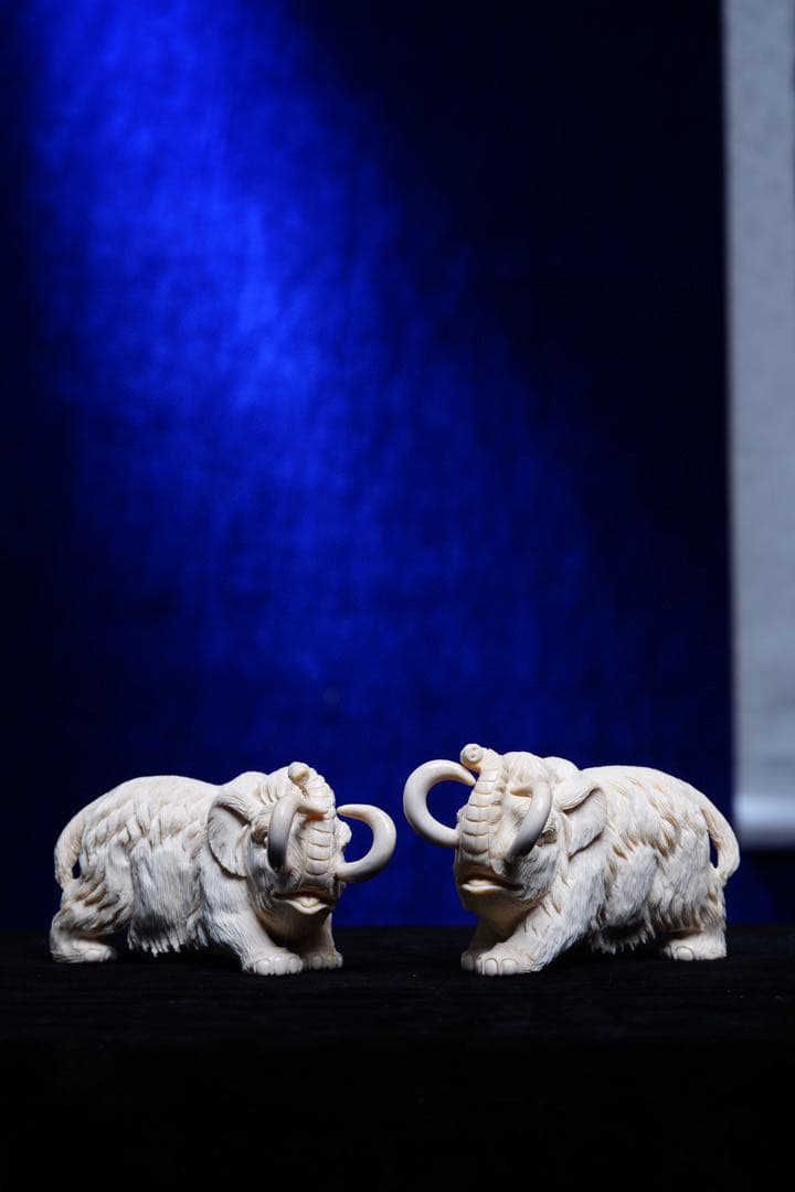 天然マンモス牙美しい手作り彫刻吉象対称置物