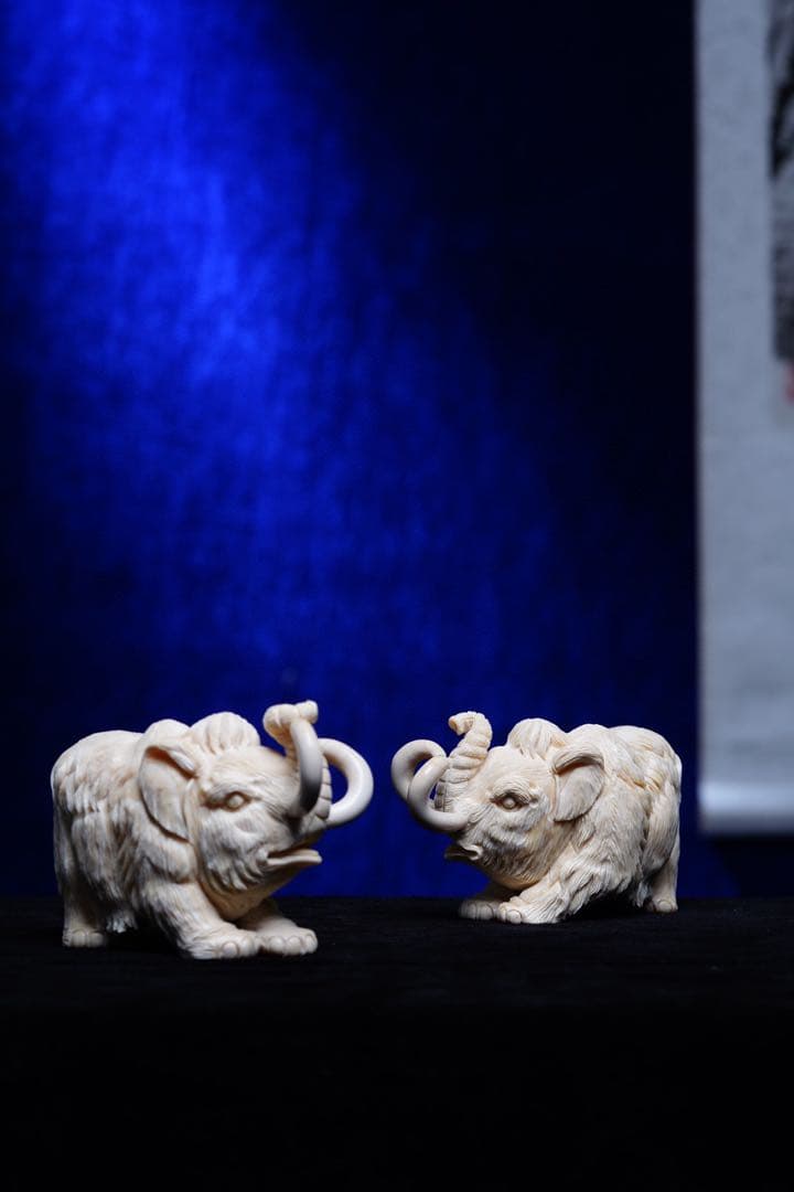 天然マンモス牙美しい手作り彫刻吉象対称置物