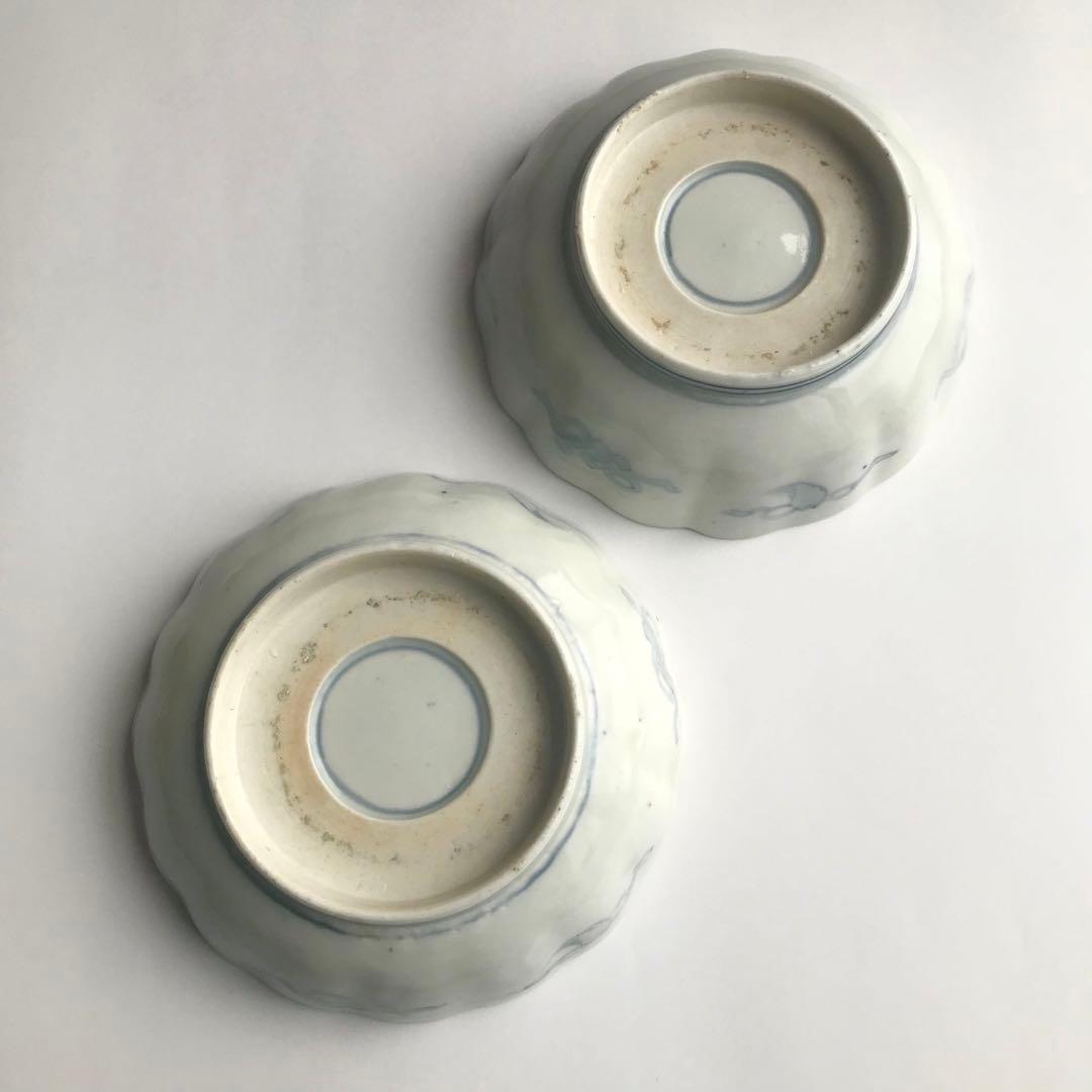 幕末〜明治期　伊万里　染錦　花蝶文　輪花なます皿×5客セット