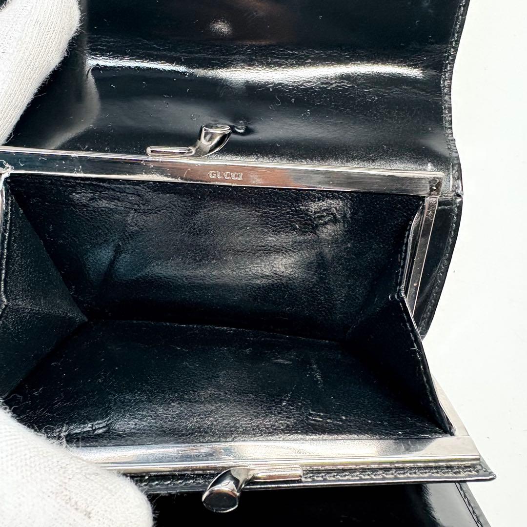 極美品　GUCCI グッチ　がま口エナメルパテントレザー三つ折り財布ブラック黒