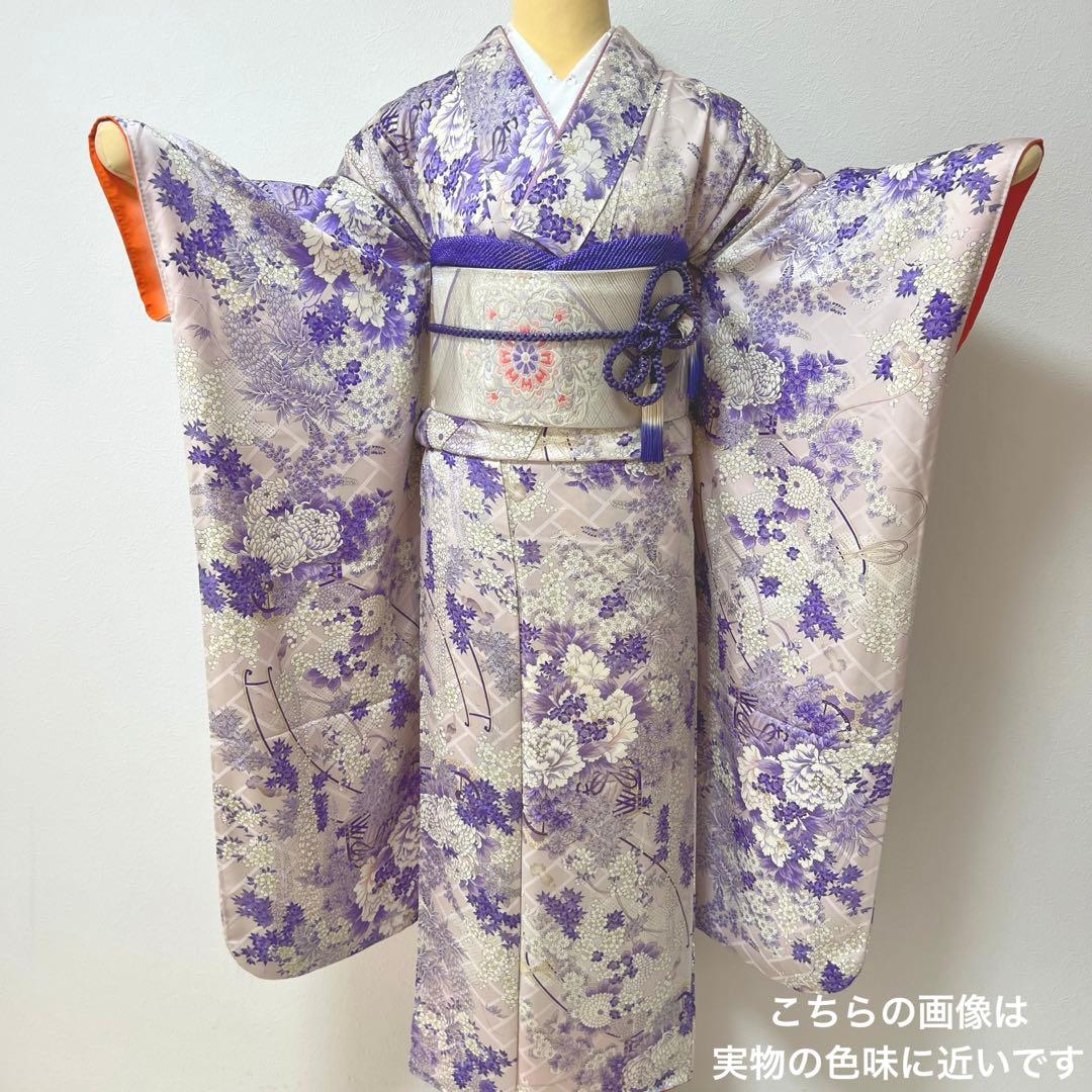 443 振袖フルセット 正絹 薄紫 金彩 総柄 小紋 レトロ フェミニン 上品