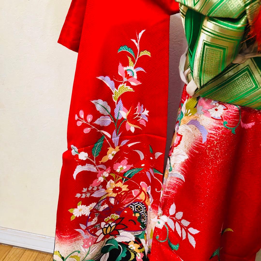 七五三 七歳‼️豪華正絹赤×黒ラメキラキラ‼️手毬熨斗金彩煌びやか際立つフルセット