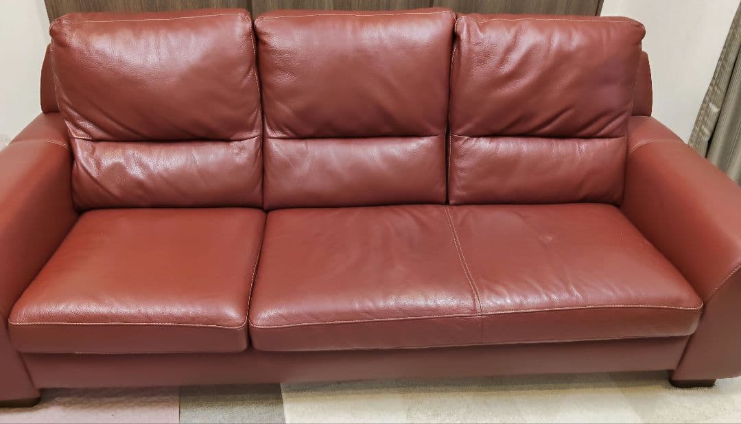 ソファ　3人掛け　本革　ヴィンテージ　赤　レッド