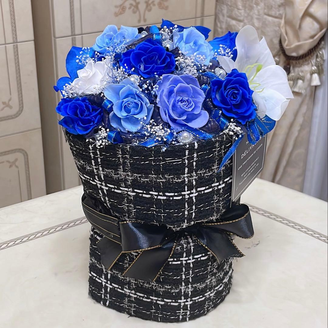 ✨花束ボックス✨ミックスバラプリザ＆アーティフィシャルアレンジメント✨青水色系✨