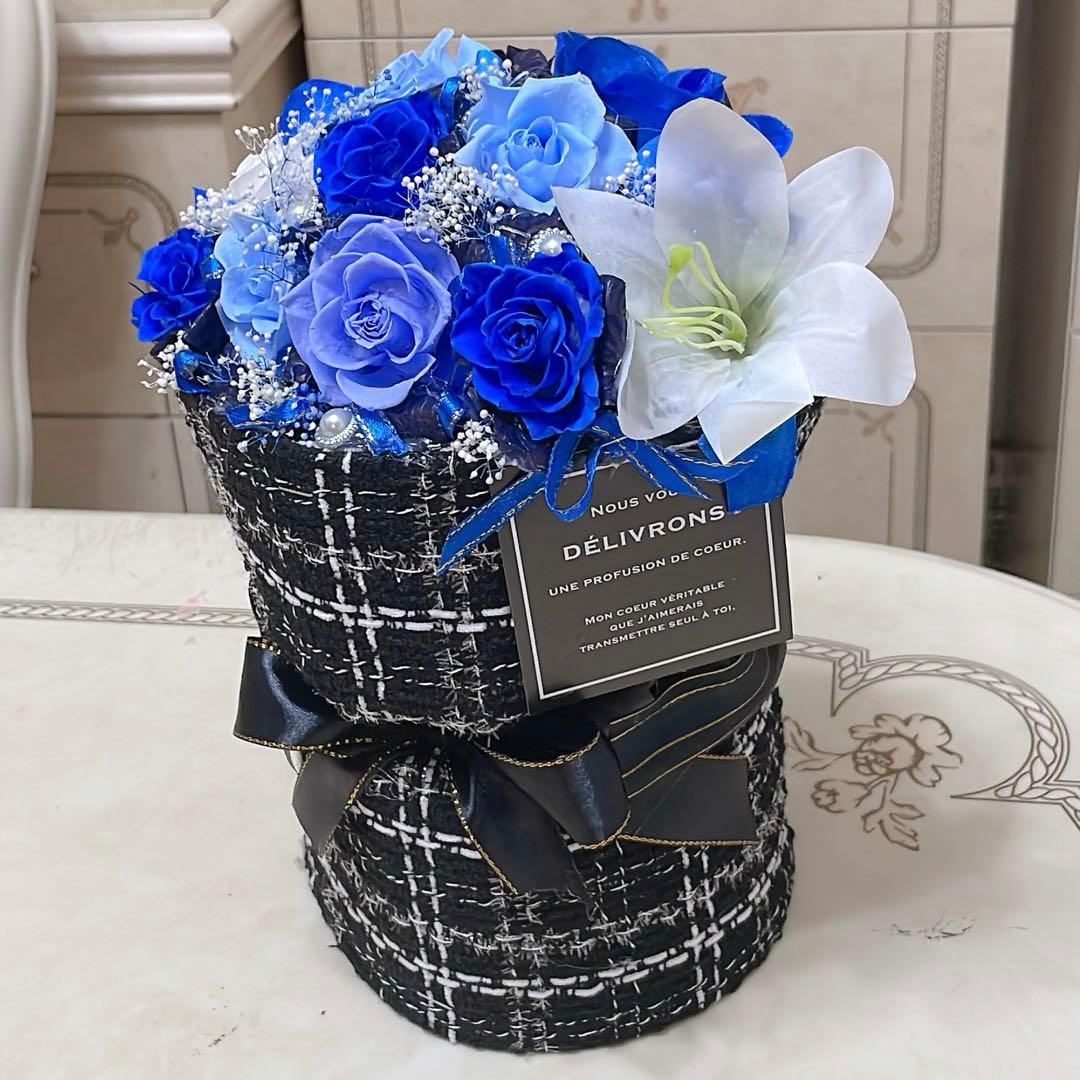 ✨花束ボックス✨ミックスバラプリザ＆アーティフィシャルアレンジメント✨青水色系✨