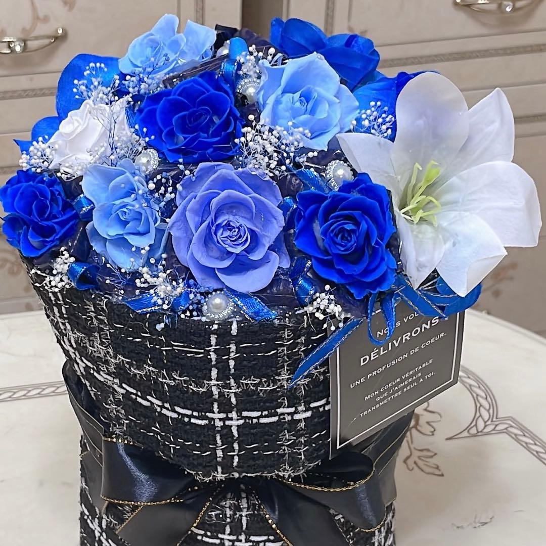 ✨花束ボックス✨ミックスバラプリザ＆アーティフィシャルアレンジメント✨青水色系✨