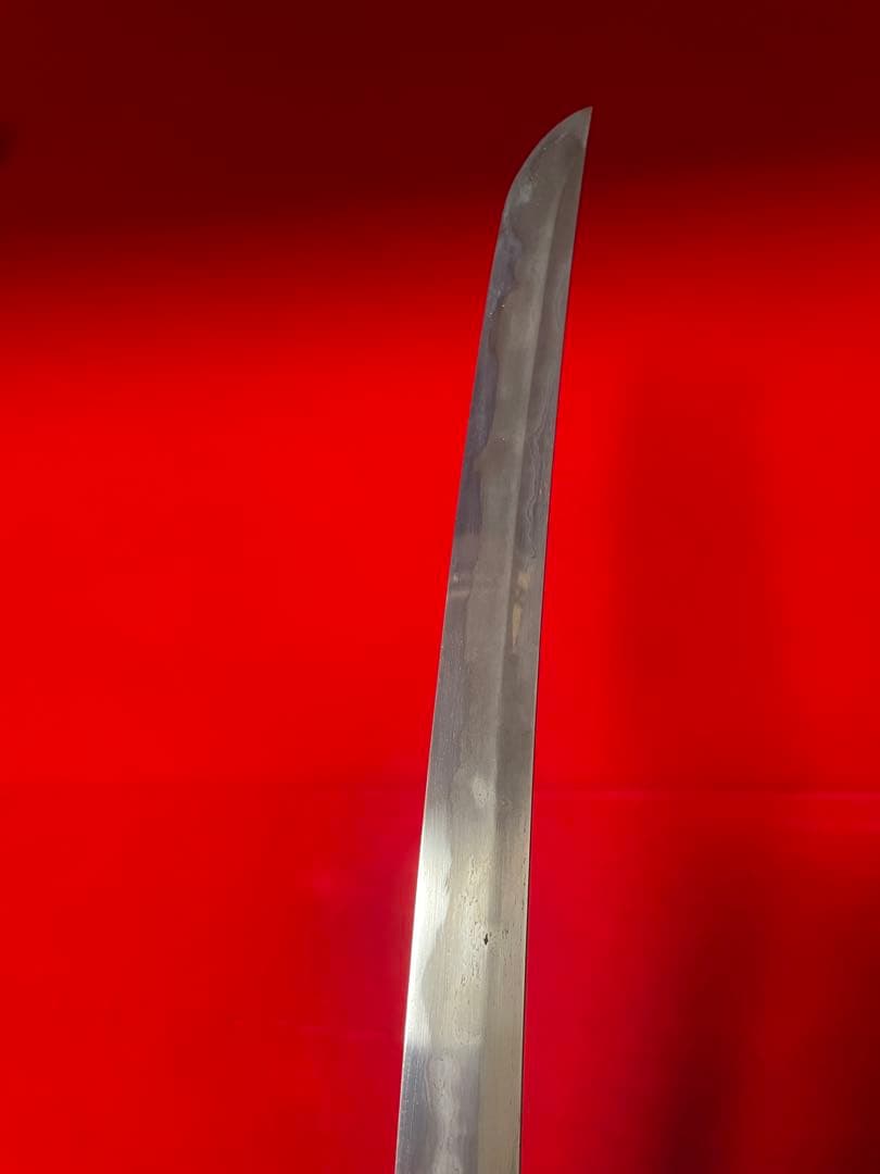 No.01352 包丁　マグロ包丁　先丸型　玉鋼製　燃え盛刃文　墨流　未使用品