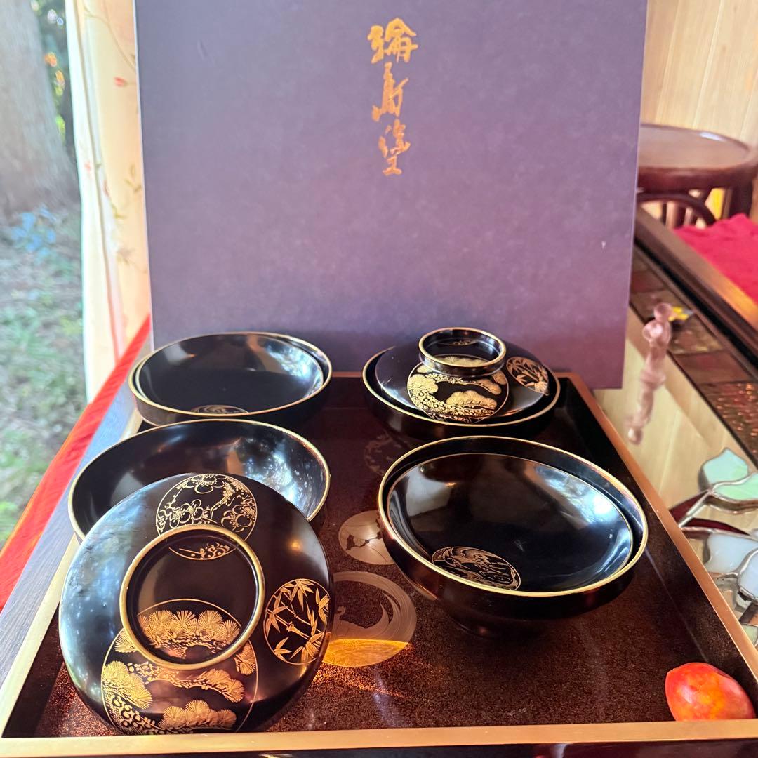 2115様感謝‼️ スーパームーン記念JAPAN輪島丸紋沈金松竹梅&鶴亀　黒椀4客