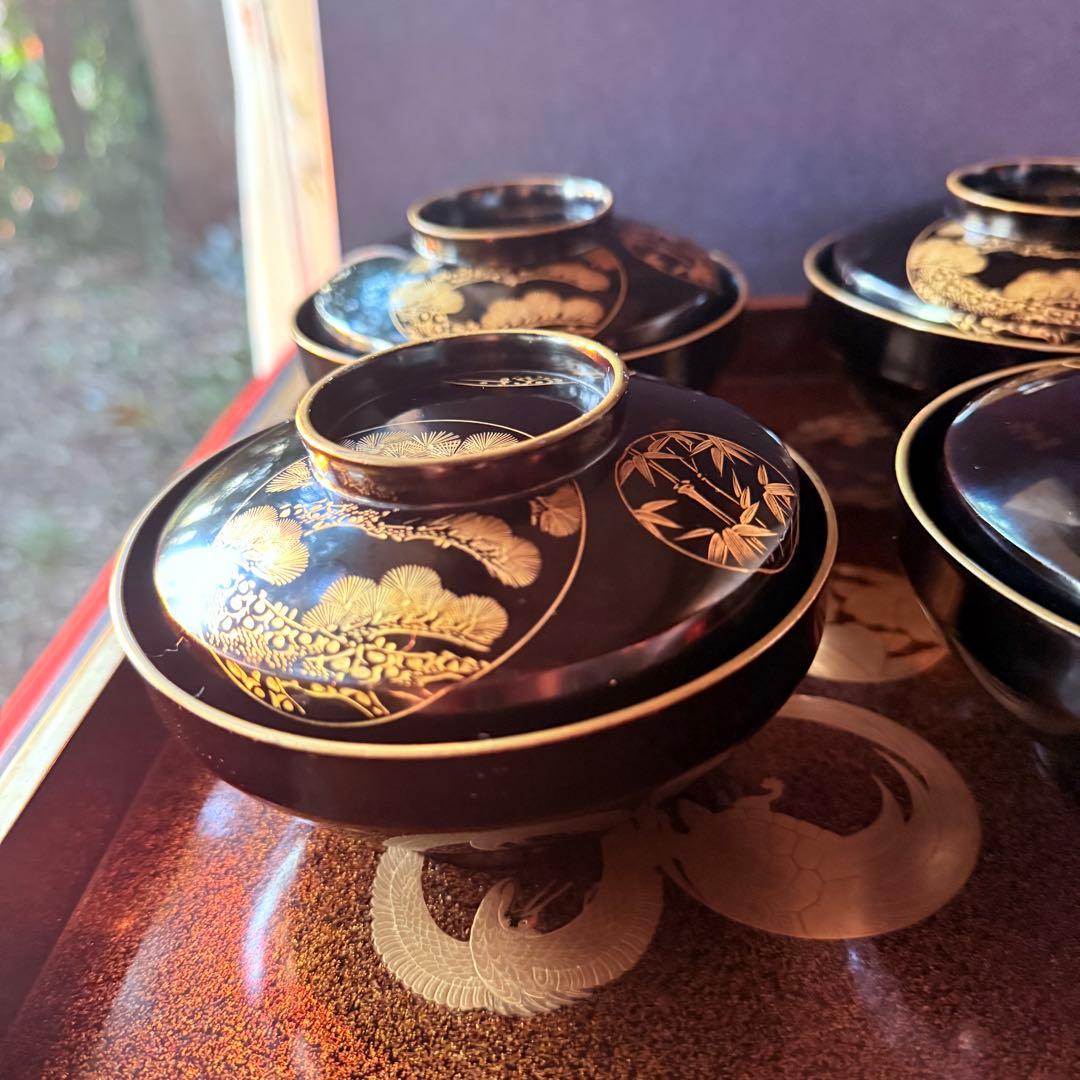 2115様感謝‼️ スーパームーン記念JAPAN輪島丸紋沈金松竹梅&鶴亀　黒椀4客