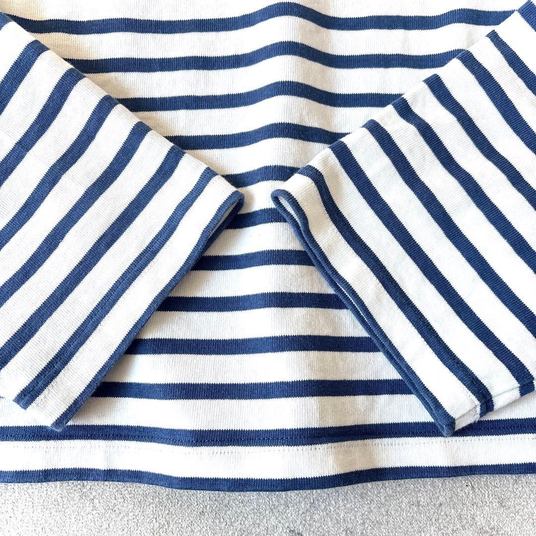 OUTIL ウティ フランス製しっかり硬め生地 長袖ボーダー バスクシャツ白青_