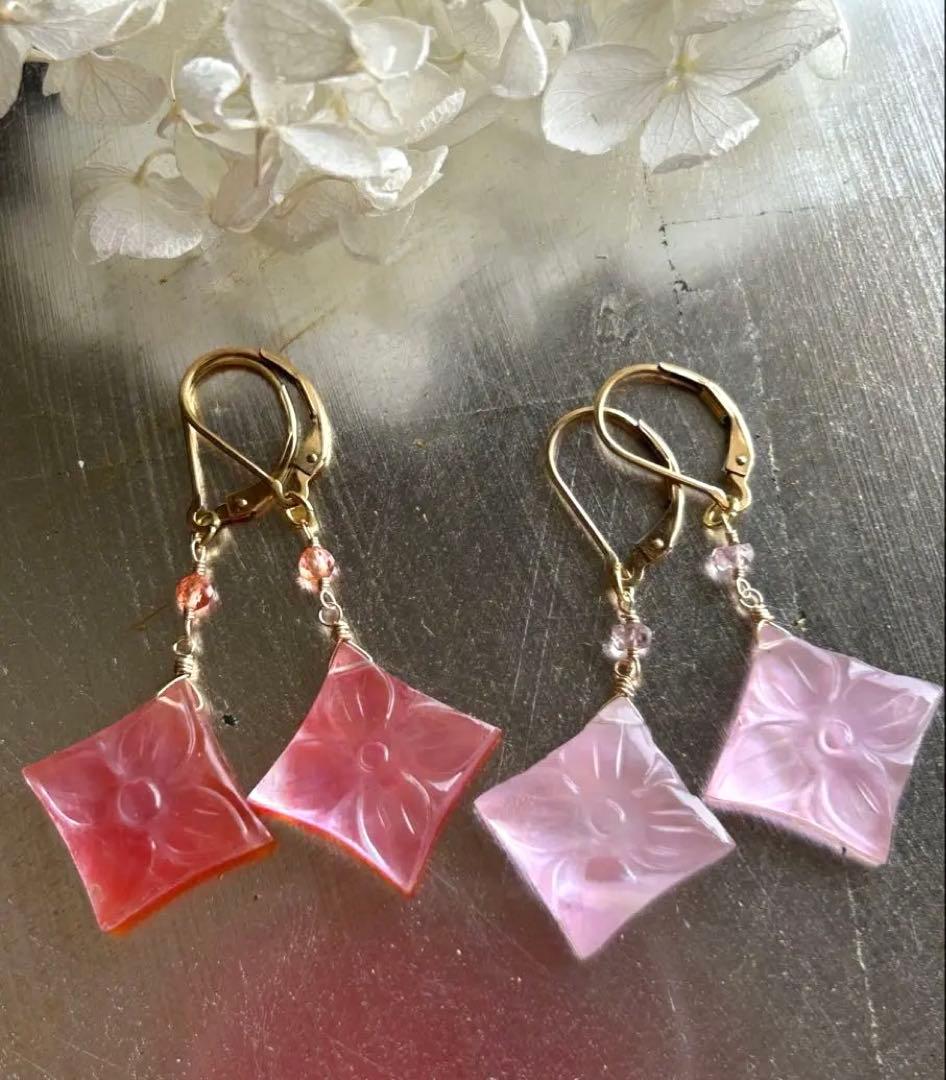 ポメころび✨ピンクアメジスト×MOP＆ドラゴンガーネット他ピアスチャーム