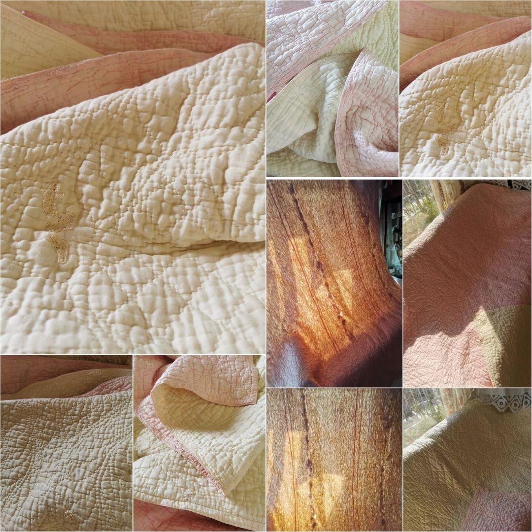 アンティーク手縫ダーラムキルト 羽/ローレル植物紋 薔薇桜色＆淡檸檬リバーシブル