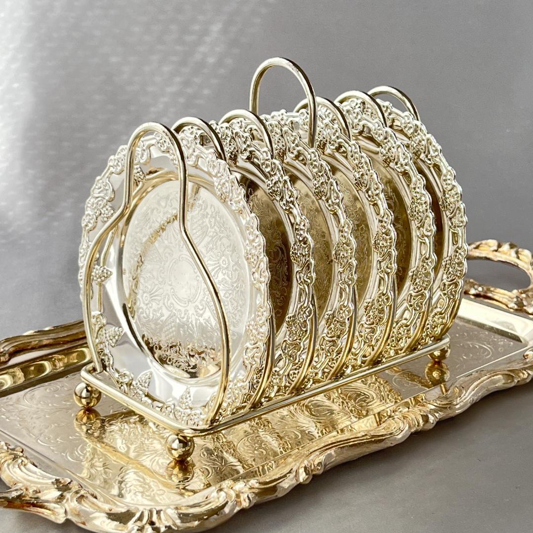 【英国】 葡萄のコースター 6枚 スタンド【シルバープレート】