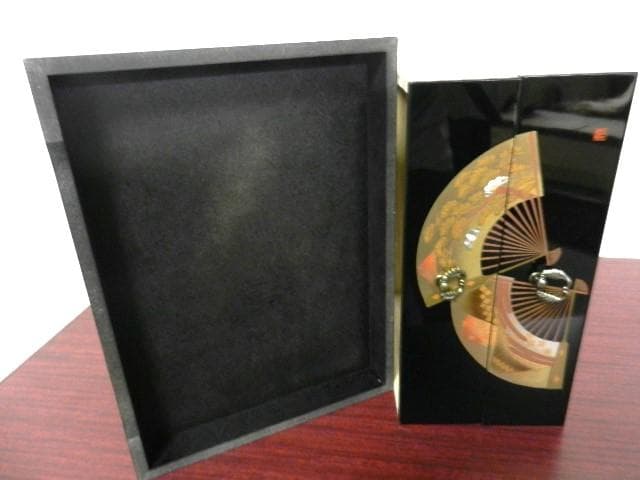 会津塗り金彩扇面蒔絵二段小箪笥（小引き出し、小物入れ）