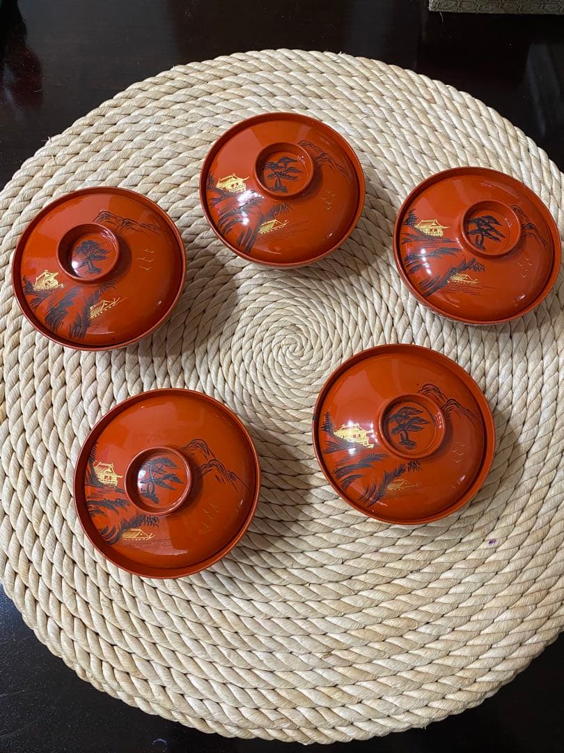 オレンジ色 蓋つき煮物椀 5個セット