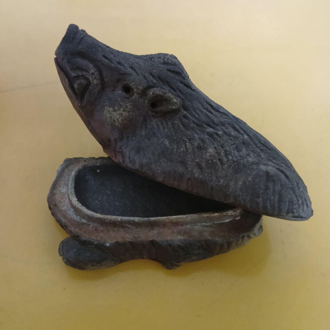 骨董品　香合　備前焼　イノシシ　置物　木箱付き　勝　茶道具　極美品‼️