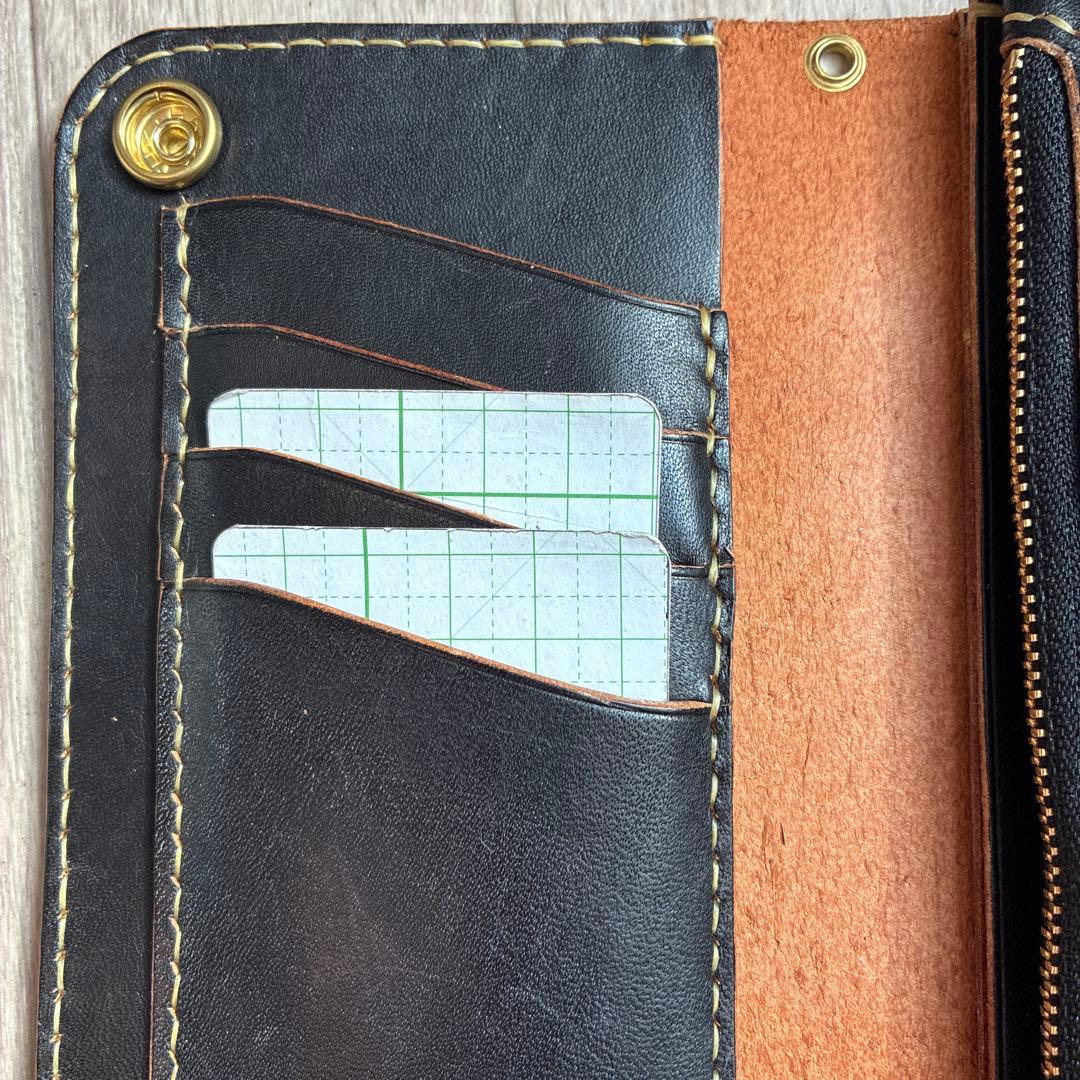 【茶芯ブラック】トラッカーウォレット　ロング　真鍮　三層