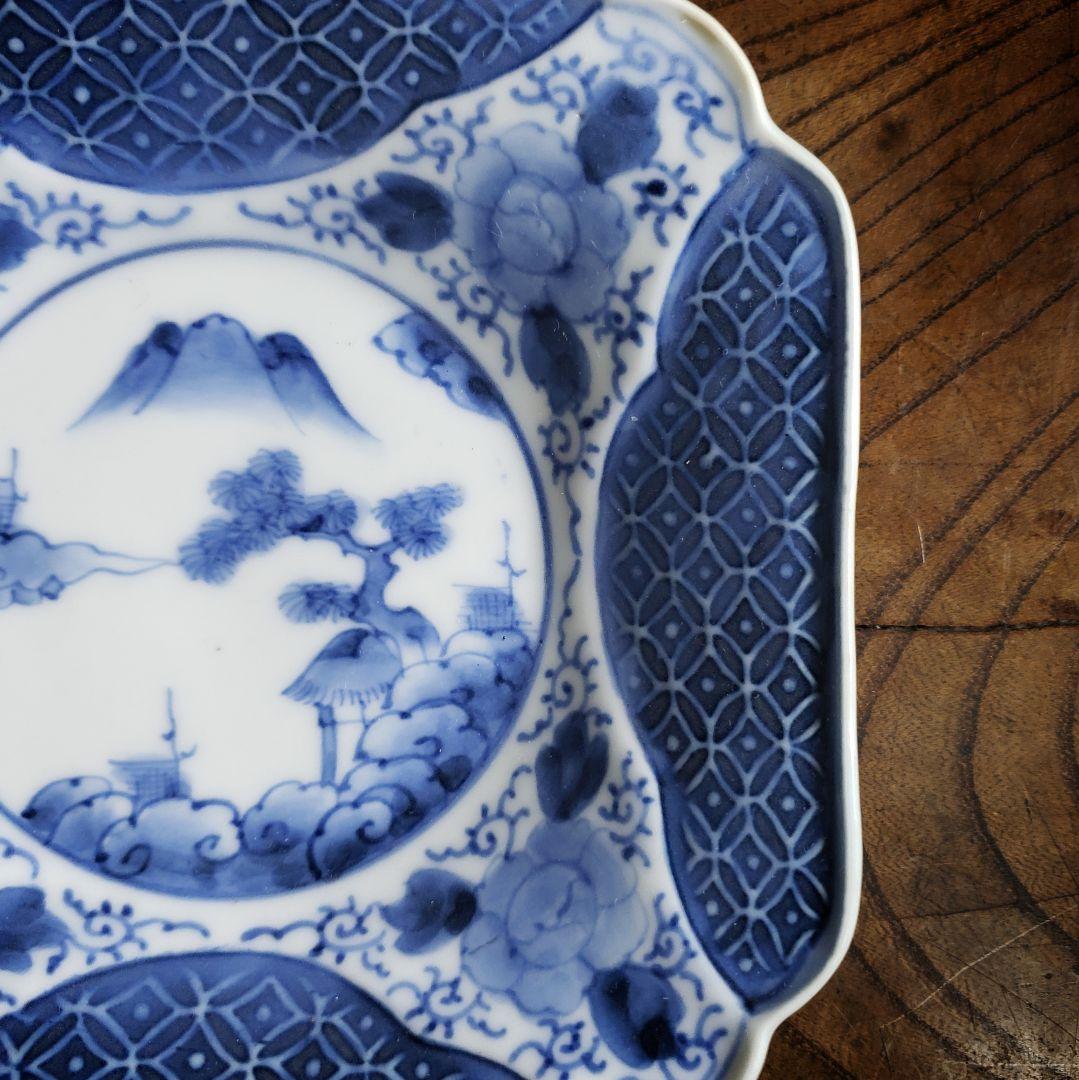 染付角皿　古伊万里　薄造　山水文様　牡丹文　唐草文　七宝繋文　江戸　明治　訳あり