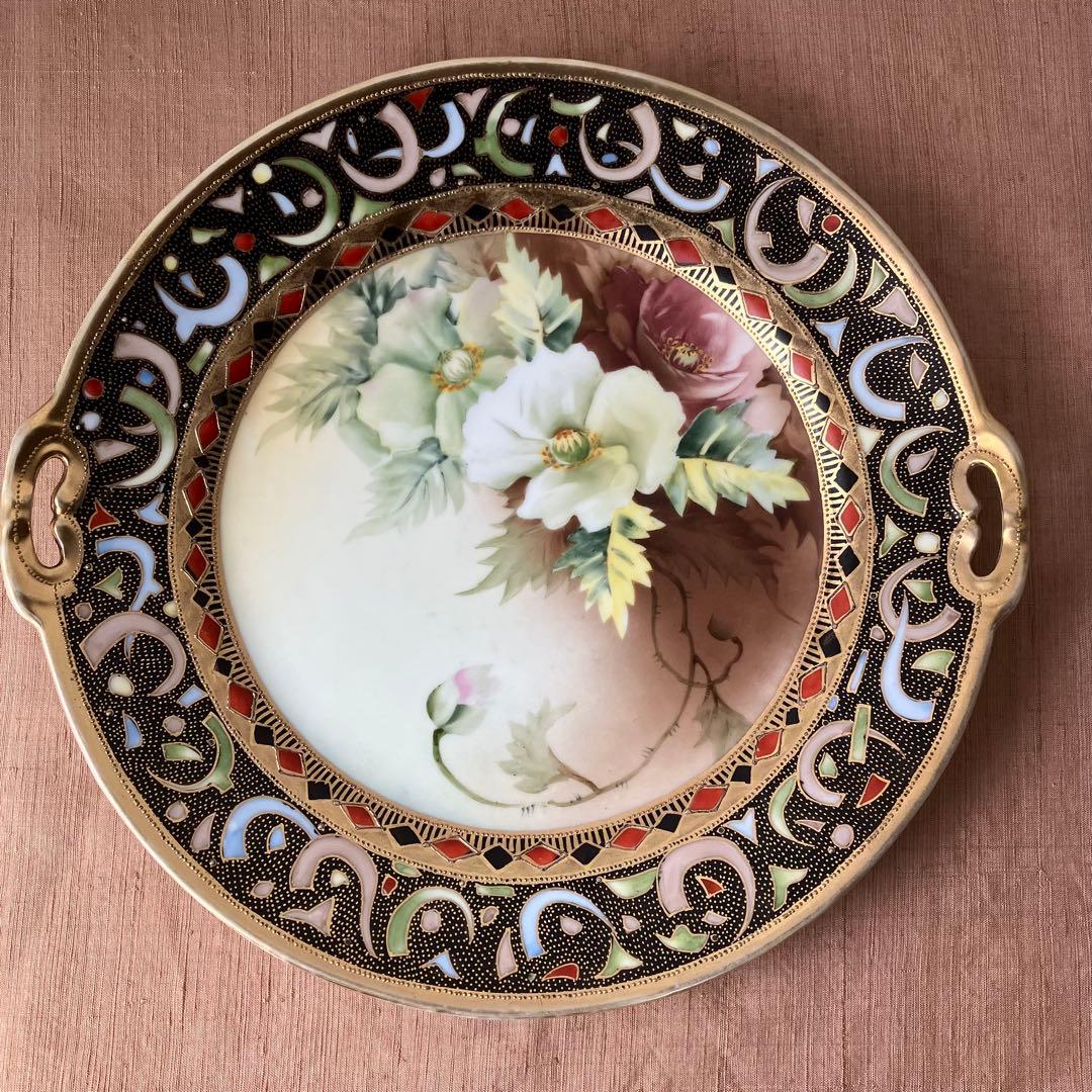 オールドノリタケ ハンドルプレート　皿　シノワズリ　ブーケ　アールデコ