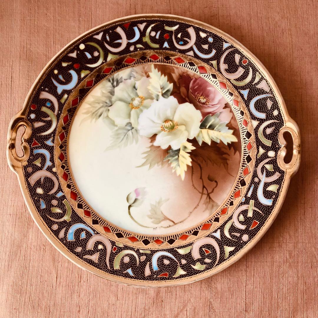 オールドノリタケ ハンドルプレート　皿　シノワズリ　ブーケ　アールデコ