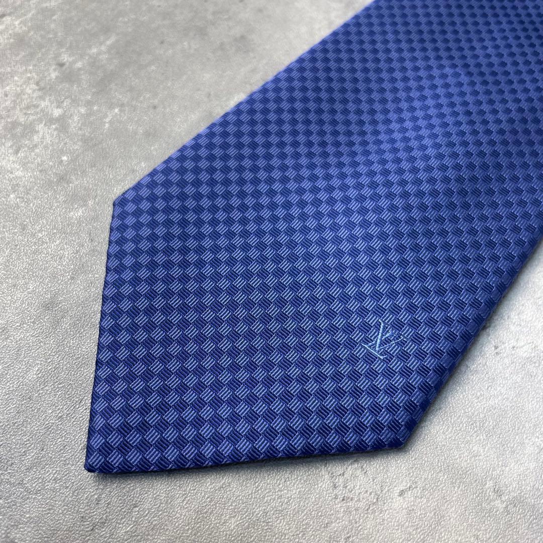 美品 LOUIS VUITTON マイクロダミエ LVロゴ ネクタイ ブルー 青