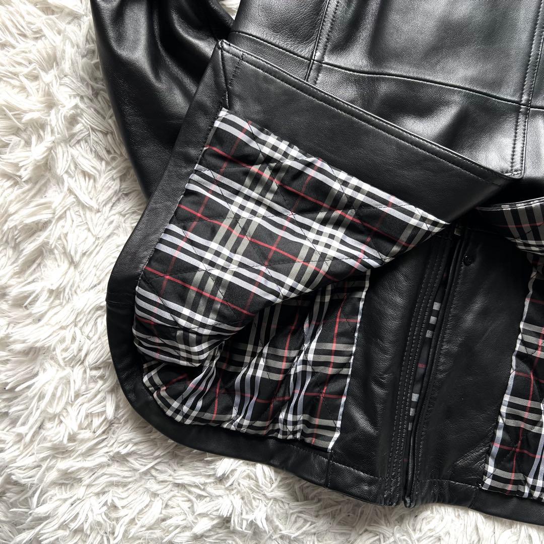 美中古 バーバリー ブラックレーベル ラムレザー M ラビットファー ブラック